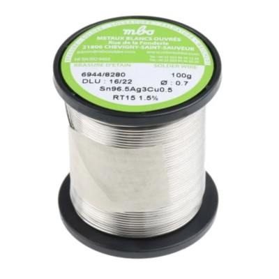 MBO Lead Free Solder Wire, 0.7 mm Diameter, Rosin Flux, 217 °C Melting Point, 100g SN96.5 AG3 CU0.5 7/10 RT15 - 100G
