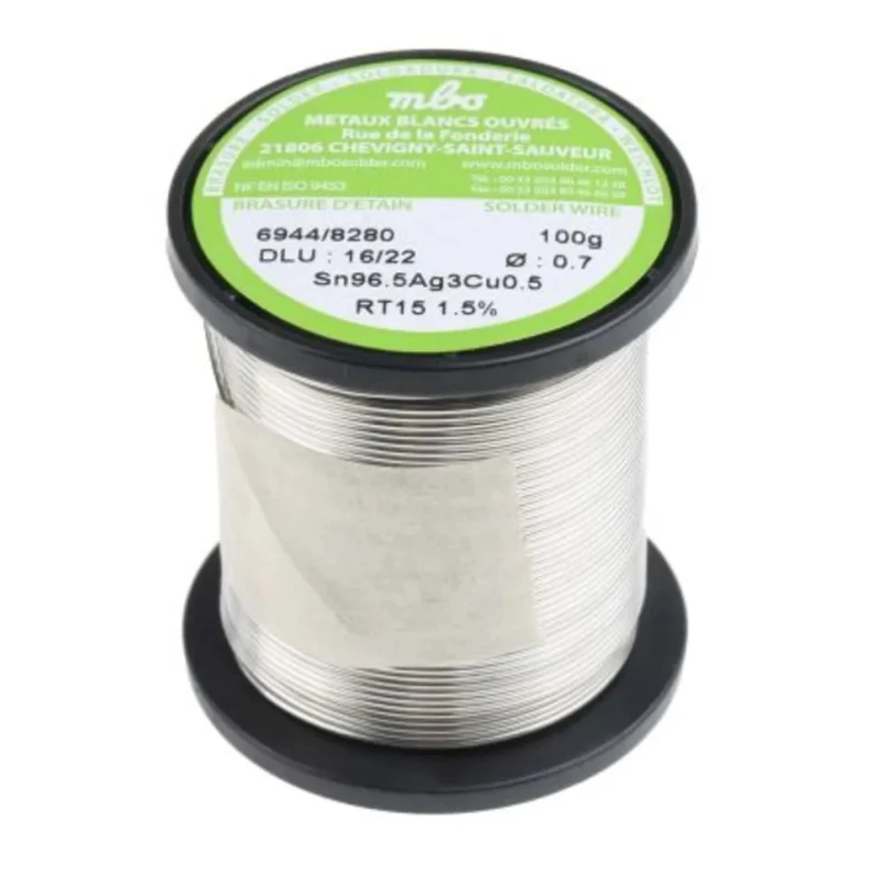 MBO Lead Free Solder Wire, 0.7 mm Diameter, Rosin Flux, 217 °C Melting Point, 100g SN96.5 AG3 CU0.5 7/10 RT15 - 100G
