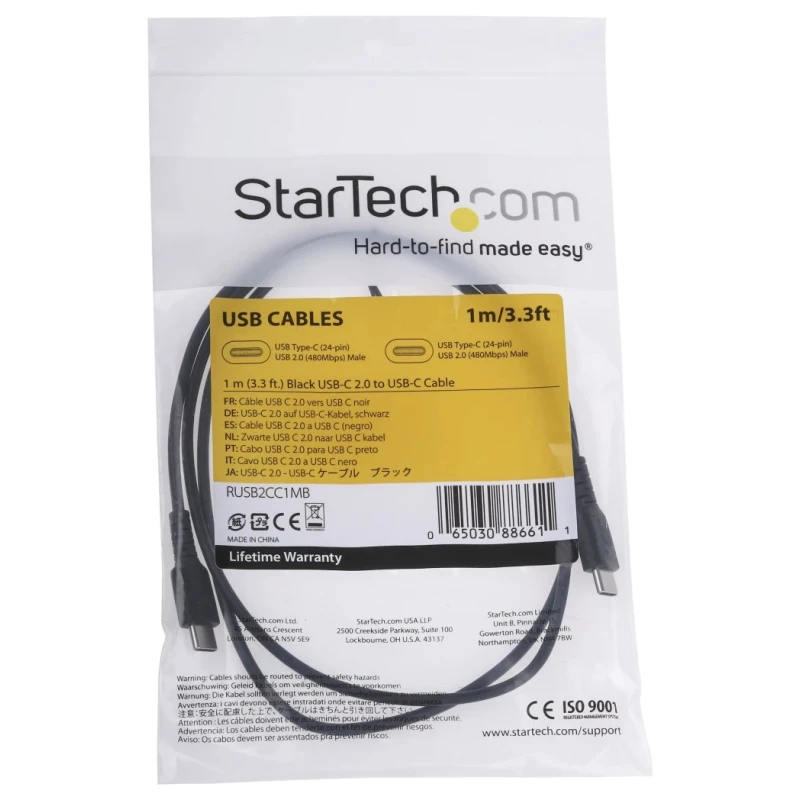 StarTech.com USB 2.0 Male USB Type C to Male USB Type C Charging and Data Cable 1m RUSB2CC1MB