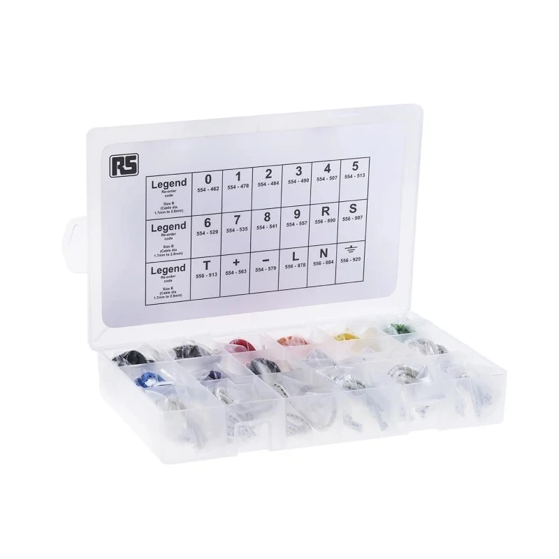 HellermannTyton Helagrip Slide-On Cable Marker Kit, Pre-Printed "+, 0 to 9, Earth, L, N, R, S, T", 1.7 to 2.8 mm 901-10387