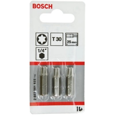 Bosch Screwdriver Bit, 1/4 in Tip, T30 Tip, Hex Drive, 25 mm Overall Length 2607001622