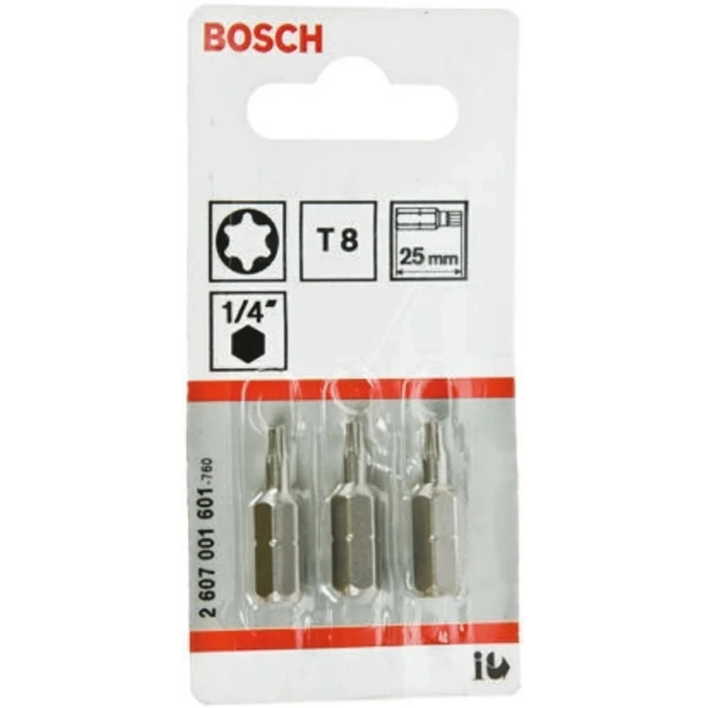 Bosch Screwdriver Bit 1/4 in Tip T8 Tip Hex Drive 25 mm Overall 2607001601