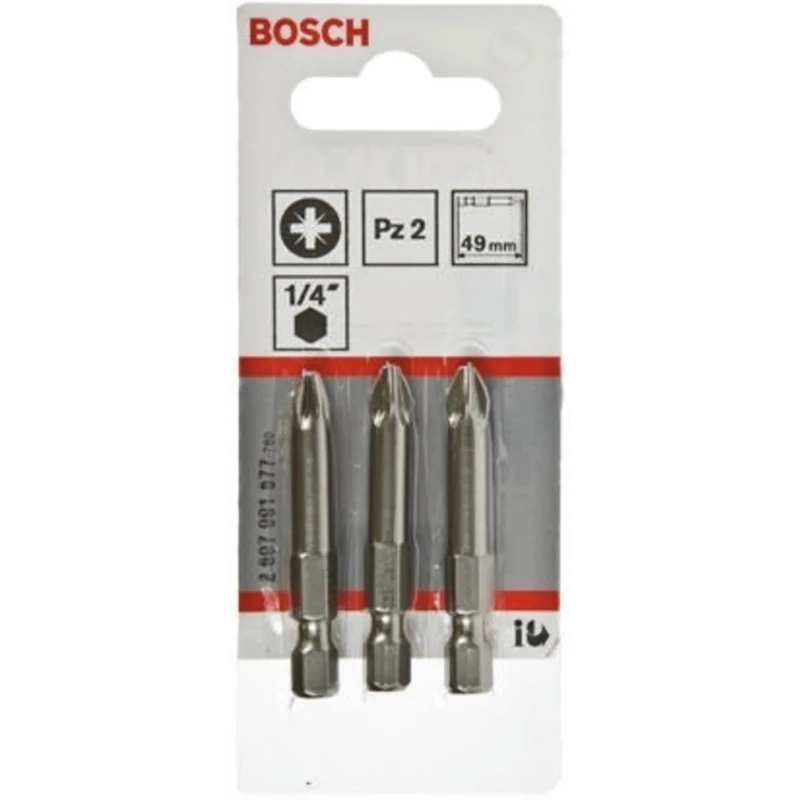 Bosch Screwdriver Bit Set, 1/4 in Hex Drive, PZ2 Tip, 49mm Length, 3-Piece 2607001577