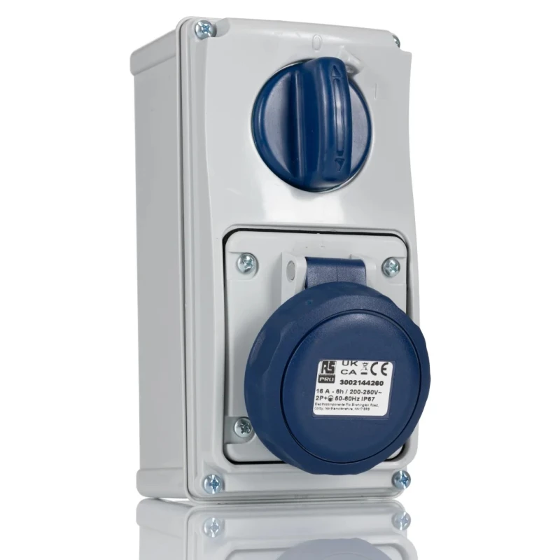RS PRO Industrial Power Connector 16A 230V IP67 Blue Wall Mount 2P+T IP67