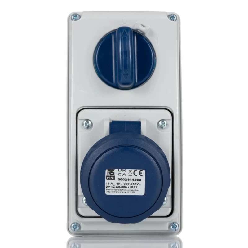 RS PRO Industrial Power Connector 16A 230V IP67 Blue Wall Mount 2P+T IP67