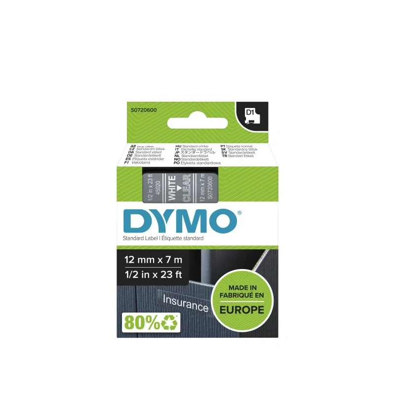 Dymo White on Clear Label Printer Tape 12 mm Width, 7 m Length S0720600