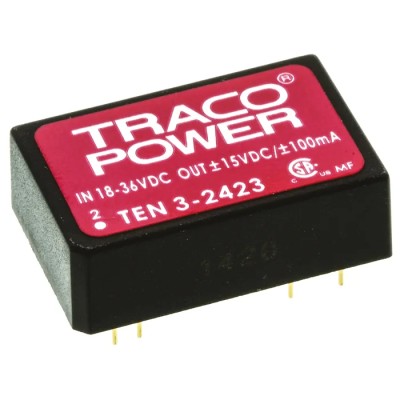 TRACOPOWER TEN 3-2423 DC/DC Converter Dual Output ±15 V 100 mA 3 W PCB Mount 18-36 V Input 85°C Max Temp