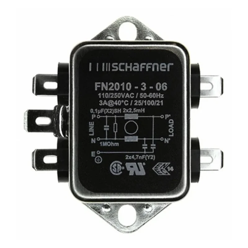 Schaffner EMI Filter Chassis Mount 3 A 250V AC/DC 0Hz-400Hz Fast-On Terminals FN2010