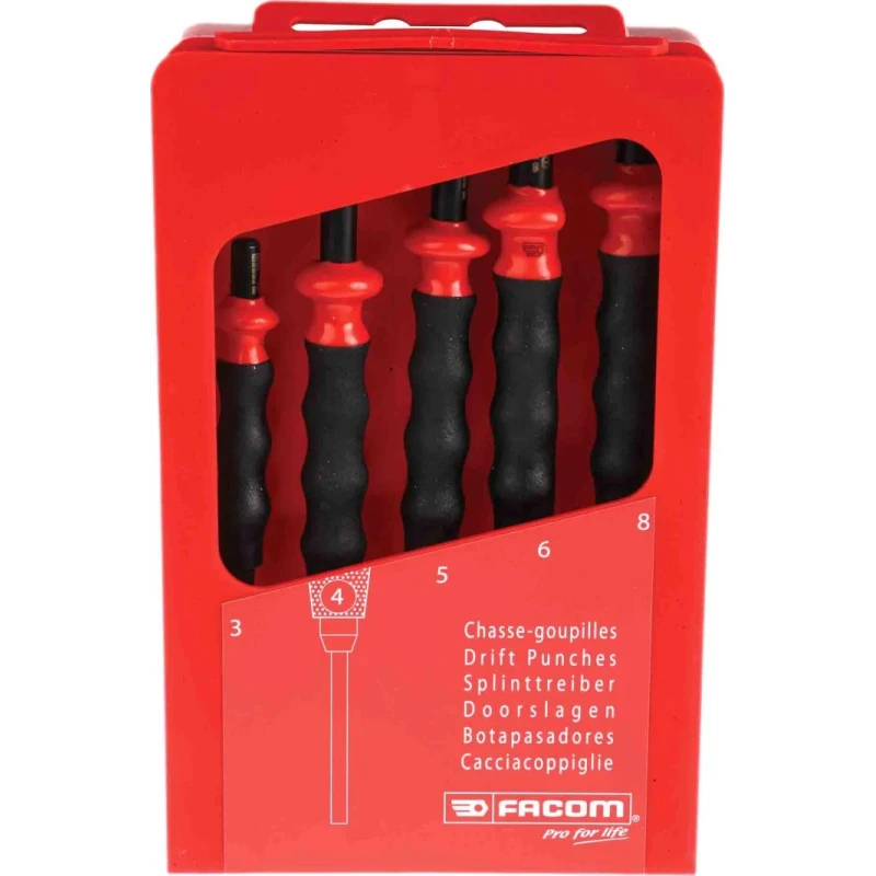 Facom 5-Piece Anti-Vibration Punch Set, 3mm to 8mm Shank Diameter, Chrome-Vanadium Steel, Model 249.GPB