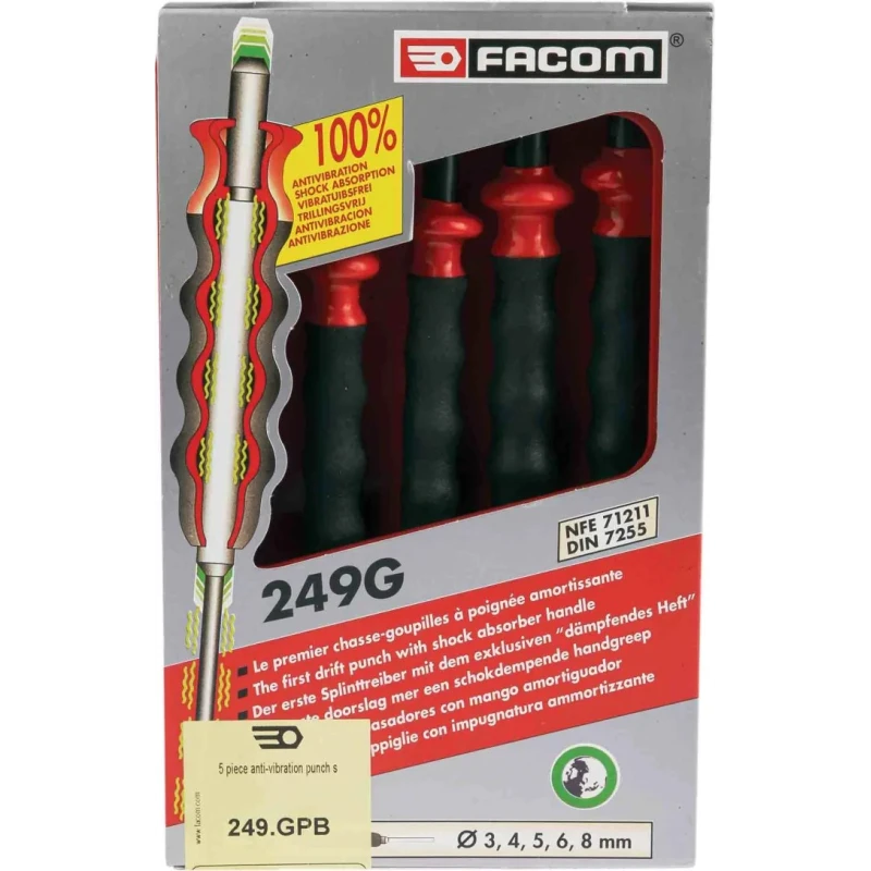 Facom 5-Piece Anti-Vibration Punch Set, 3mm to 8mm Shank Diameter, Chrome-Vanadium Steel, Model 249.GPB