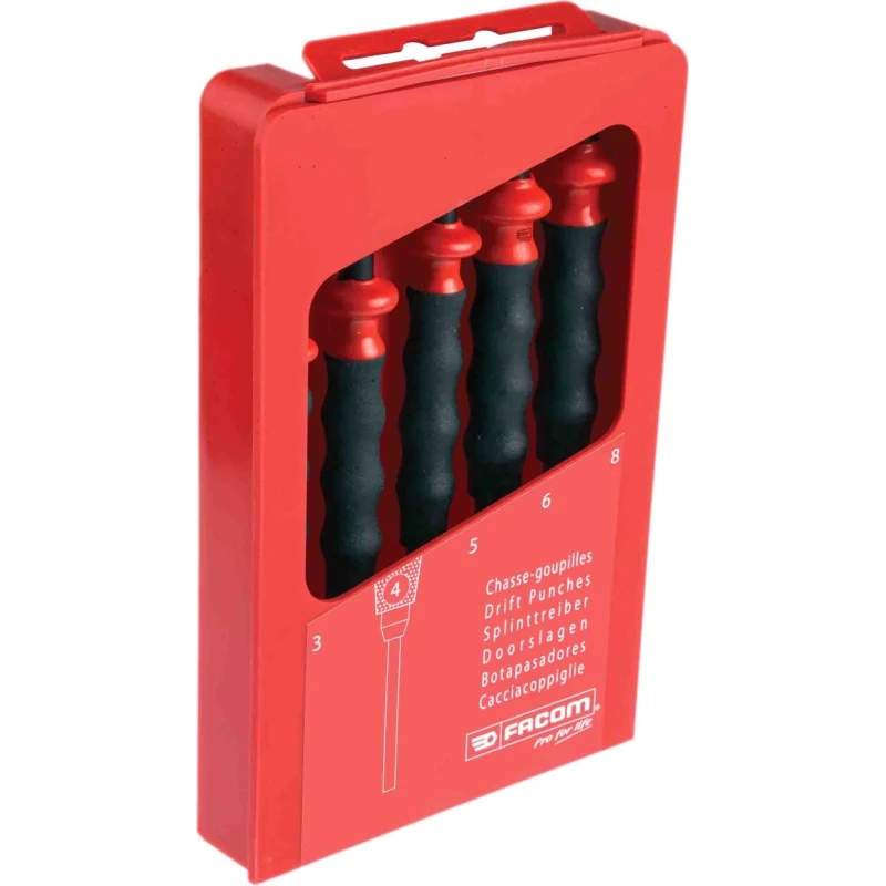 Facom 5-Piece Anti-Vibration Punch Set, 3mm to 8mm Shank Diameter, Chrome-Vanadium Steel, Model 249.GPB