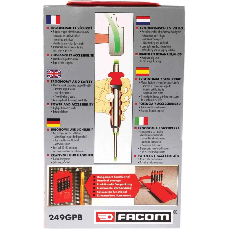 Facom 5-Piece Anti-Vibration Punch Set, 3mm to 8mm Shank Diameter, Chrome-Vanadium Steel, Model 249.GPB