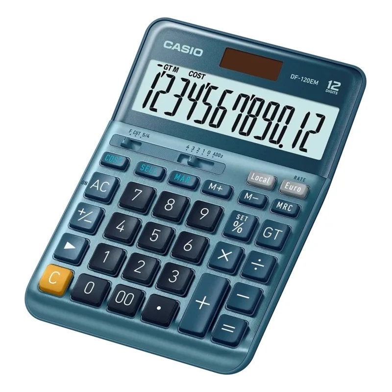 Casio Desktop Calculator with Battery and Solar Power Supply, Blue, 12-Digits LC-Display DF-120EM-W-EP