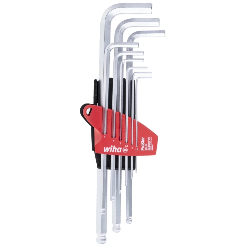 Wiha 9 Piece L Metric Hex Key Set, Hex Size 1.5 to 10 mm, Chrome Vanadium Steel, Brilliant Chrome Plated Finish 07185