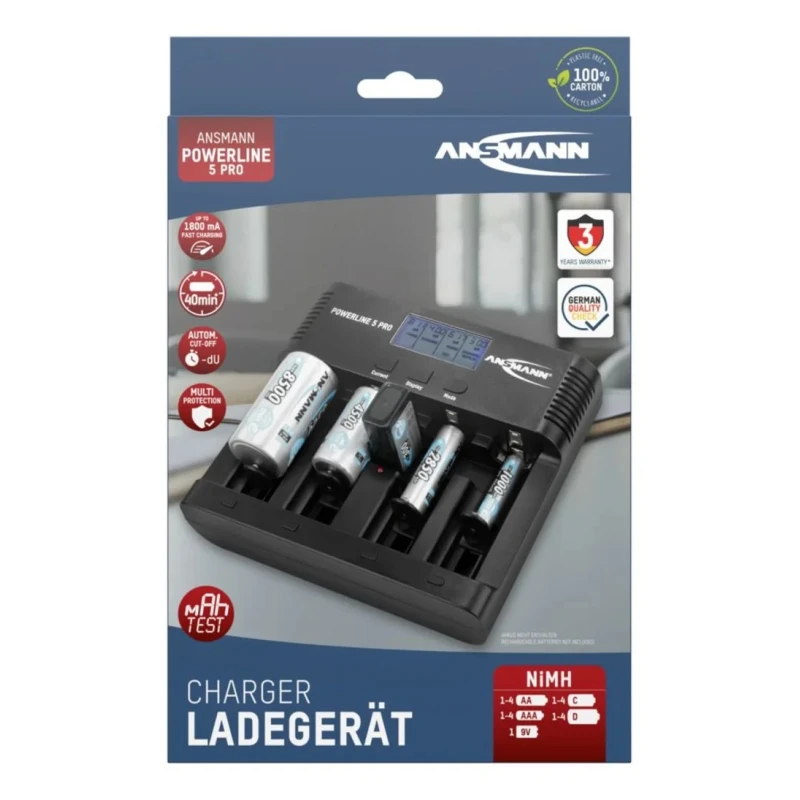 Ansmann Powerline 5 Pro Battery Charger for 12V NiMH NiCd Batteries 1.8A, 4 Bay, US AUS EU UK Plug 100-240V 1001-0018-UK-520