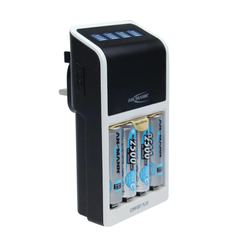 Ansmann Battery Charger for NiMH AA, AAA, 9 V Batteries, 4 Cells, 650mA Charge Current, UK Plug 1001-0094-44-02520