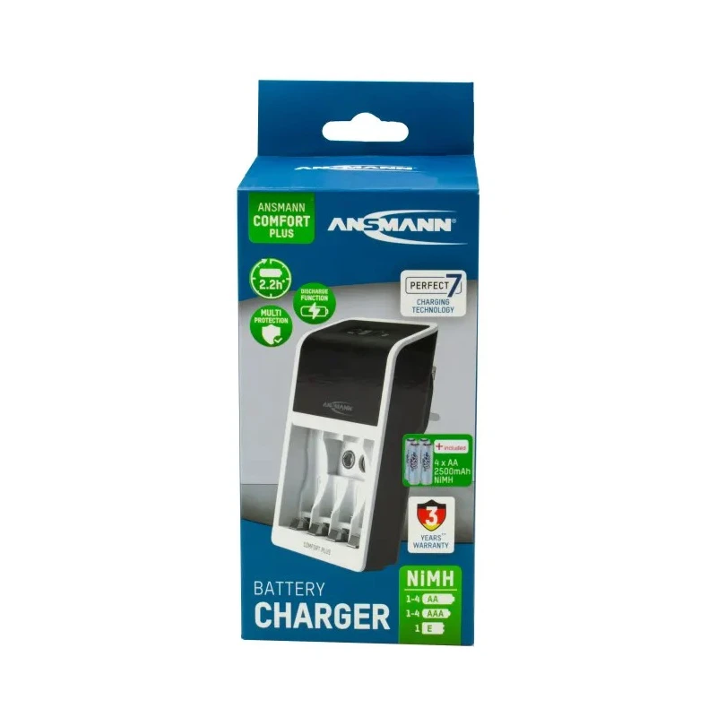 Ansmann Battery Charger for NiMH AA, AAA, 9 V Batteries, 4 Cells, 650mA Charge Current, UK Plug 1001-0094-44-02520