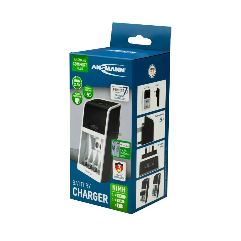 Ansmann Battery Charger for NiMH AA, AAA, 9 V Batteries, 4 Cells, 650mA Charge Current, UK Plug 1001-0094-44-02520