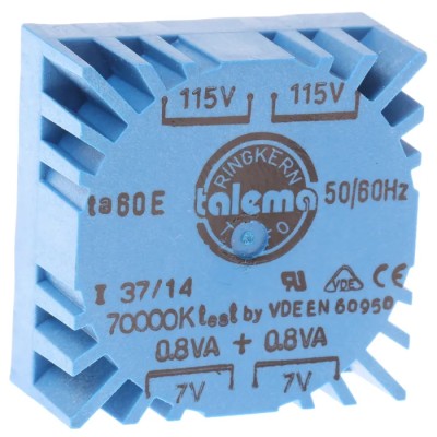 Nuvotem Talema 230 V ac 2 Output 2 x 7 V ac Toroidal Transformer 1.6 VA IEC UL 70000K