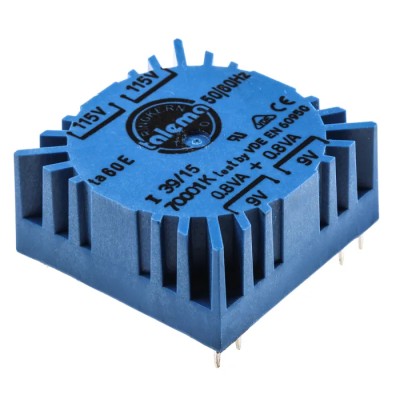 Nuvotem Talema Toroidal Transformer 230 V ac 2 x 9 V ac 1.6 VA Dual Primary Winding PCB Mount 70001K