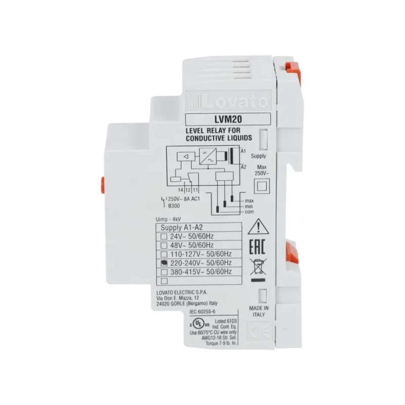 Lovato Electric Monitoring Relay SPDT-CO Contact, DIN Rail Mount, 220-240V AC, 8A, IP20/IP40 LVM20A240