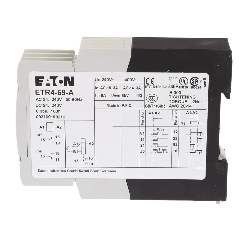 Eaton ETR4 Series DIN Rail Timer Relay Multifunction, 1-Contact, 240 V dc, 24V ac, 240 V ac, 0.05s to 100 h ETR4