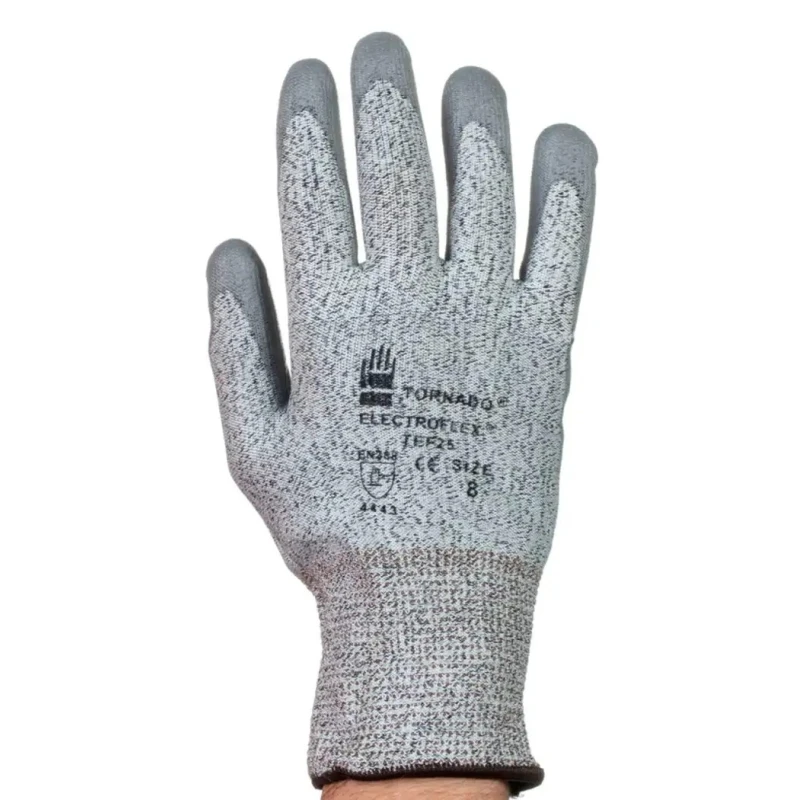 Tornado Electroflex Grey Polyurethane Coated Work Gloves Size 8, Cut and Abrasion Resistant TEF25HD-08