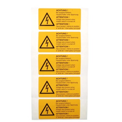 Idento Black Polyvinyl Chloride Safety Label ATTENTION! Sous tension, ACHTUNG! Bei ausgeschaltetem Hauptschalter ESSW19074