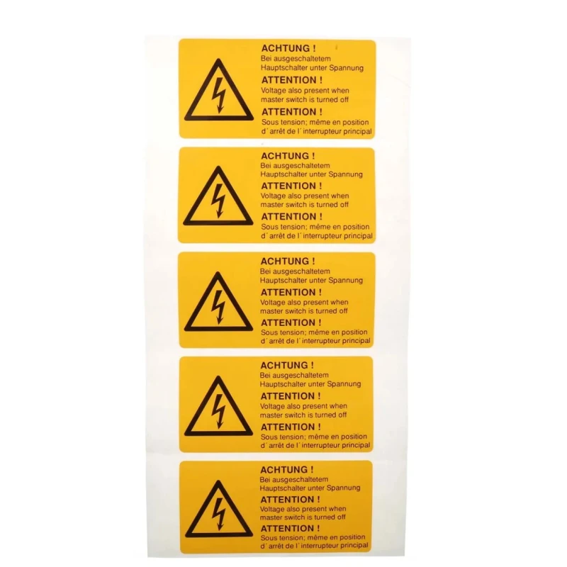 Idento Black Polyvinyl Chloride Safety Label ATTENTION! Sous tension, ACHTUNG! Bei ausgeschaltetem Hauptschalter ESSW19074