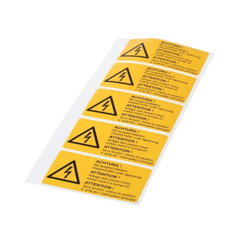 Idento Black Polyvinyl Chloride Safety Label ATTENTION! Sous tension, ACHTUNG! Bei ausgeschaltetem Hauptschalter ESSW19074