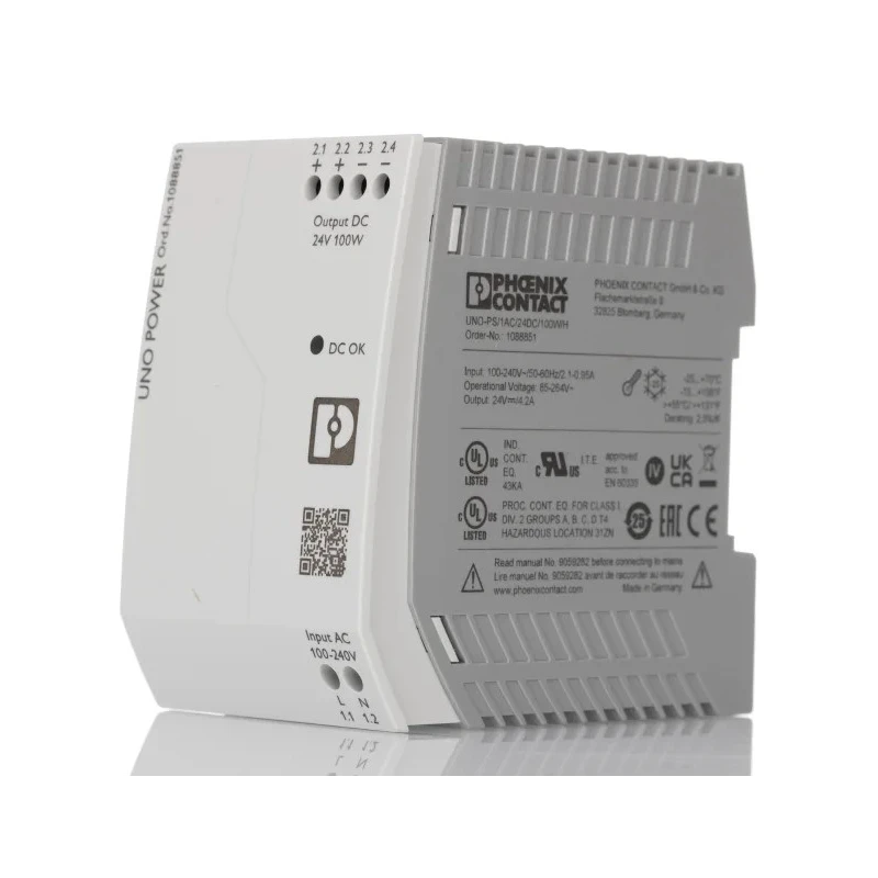 Phoenix Contact UNO POWER Switched Mode Power Supply DIN Rail Power Supply 264V AC Input 24V DC, 4.2A Output 100W 1088851