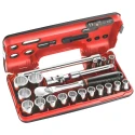 Facom 21-Piece 1/2 in Hexagon Socket Set with 72-Tooth Pear Head Ratchet, Chrome Vanadium Steel SL.DBOX112PB