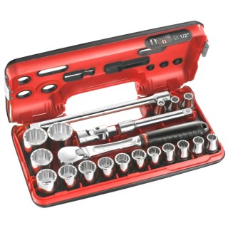 Facom 21-Piece 1/2 in Hexagon Socket Set with 72-Tooth Pear Head Ratchet, Chrome Vanadium Steel SL.DBOX112PB