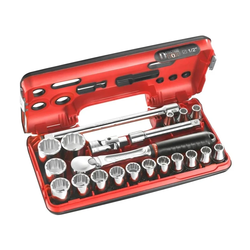 Facom 21-Piece 1/2 in Hexagon Socket Set with 72-Tooth Pear Head Ratchet, Chrome Vanadium Steel SL.DBOX112PB