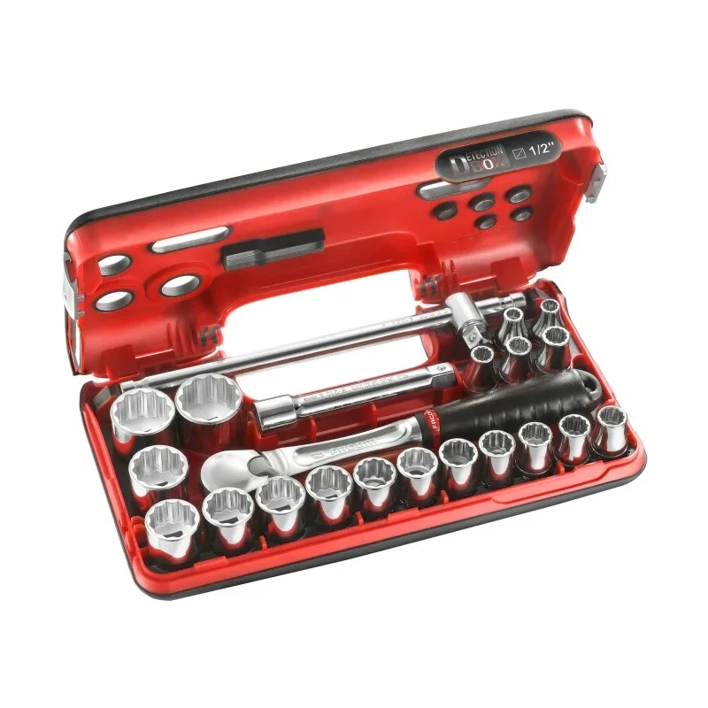 Facom 22-Piece 1/2 in Drive Standard Socket Set Chrome Vanadium Steel Bright Chrome Finish SL.DBOX412