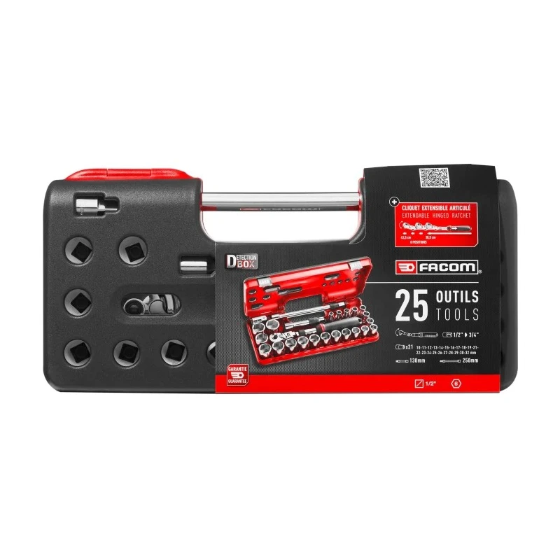 Facom 25-Piece 1/2 in 6 Point Socket Set Chrome Vanadium Steel Bright Chrome Finish SXL.DBOX3PB