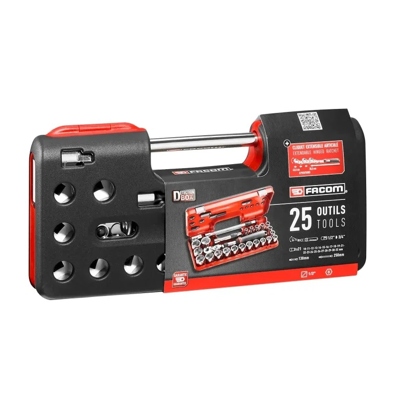 Facom 25-Piece 1/2 in 6 Point Socket Set Chrome Vanadium Steel Bright Chrome Finish SXL.DBOX3PB
