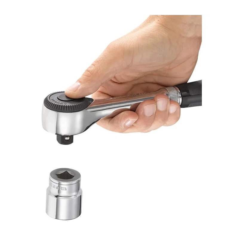 Facom 1/2 in Ratchet with Bi-Material Elastomer Handle, Chrome Vanadium Steel Satin Chrome Finish, 251mm Overall S.360