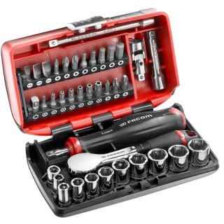 Facom 38-Piece 1/4 in Hexagon Socket Set Chrome Vanadium Steel Bright Chrome Finish R.181NANO