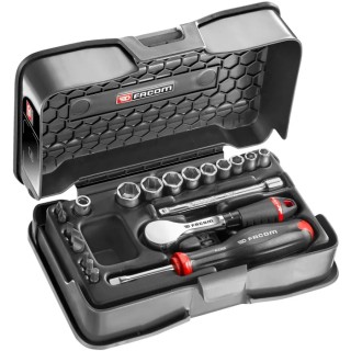 Facom 21-Piece 1/4 in Hexagon Socket Set, Drive Size 1/4 in, Chrome Vanadium Steel, Bright Chrome Finish R.181-4P6