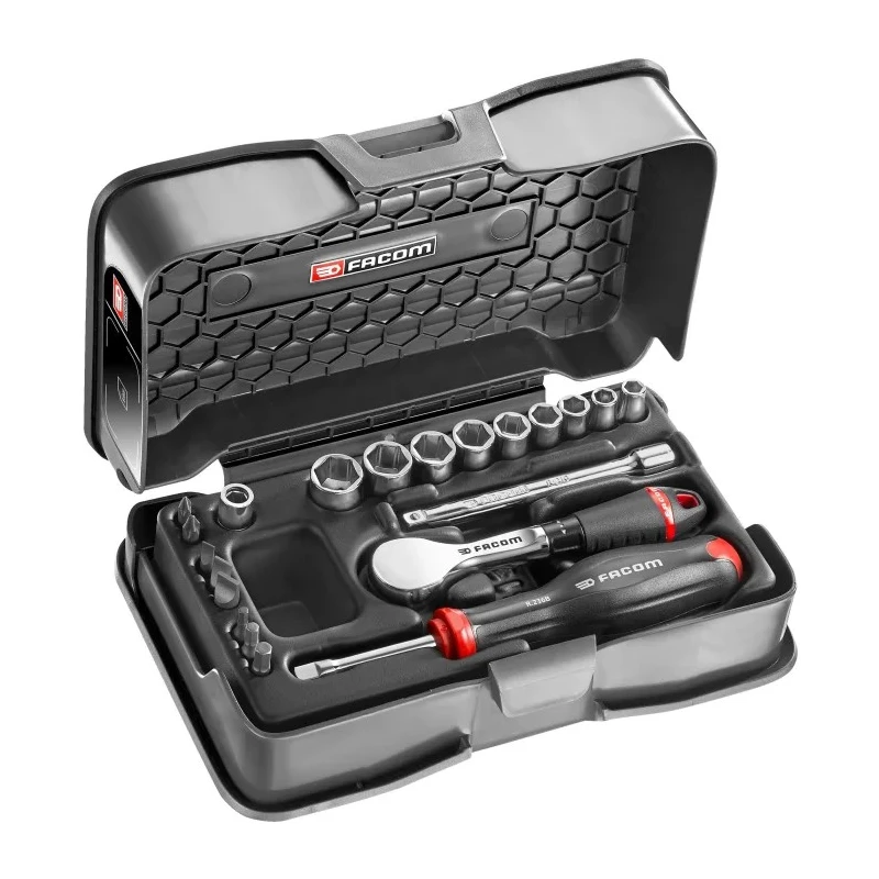 Facom 21-Piece 1/4 in Hexagon Socket Set, Drive Size 1/4 in, Chrome Vanadium Steel, Bright Chrome Finish R.181-4P6
