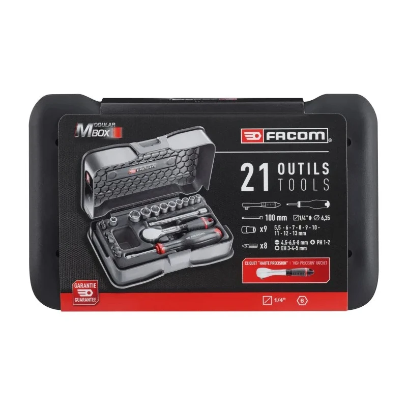 Facom 21-Piece 1/4 in Hexagon Ratchet Socket Set Chrome Vanadium Steel French Origin R.181-4P6PB