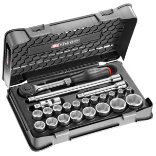 Facom 23-Piece 1/2 in 6 Point Socket Set with Ratchet, Extensions, Universal Joint, Chrome Vanadium Steel S.360-3P6
