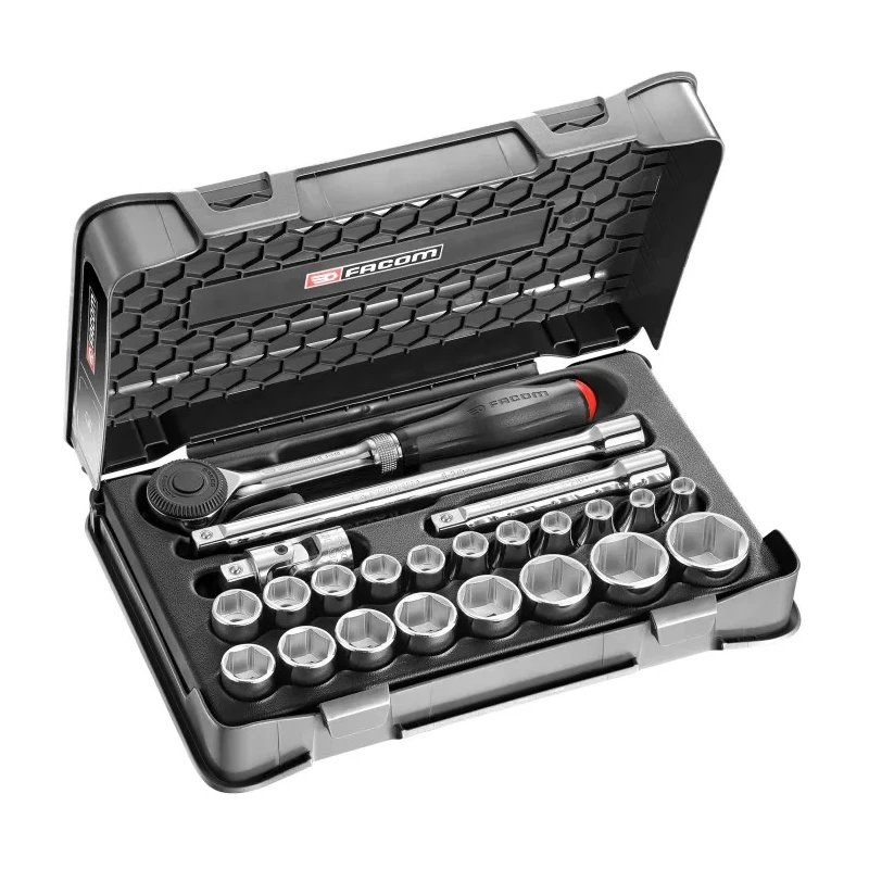 Facom 23-Piece 1/2 in 6 Point Socket Set with Ratchet, Extensions, Universal Joint, Chrome Vanadium Steel S.360-3P6