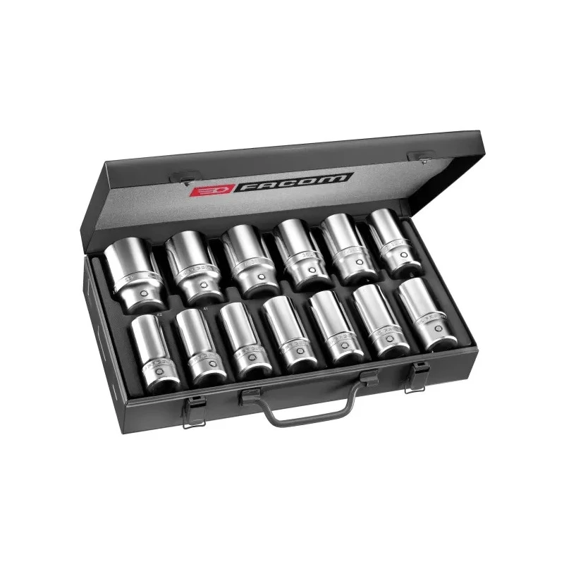 Facom 12-Piece 3/4 Inch 6 Point Socket Set, Drive Size 3/4 in, Bright Chrome Finish K.405E