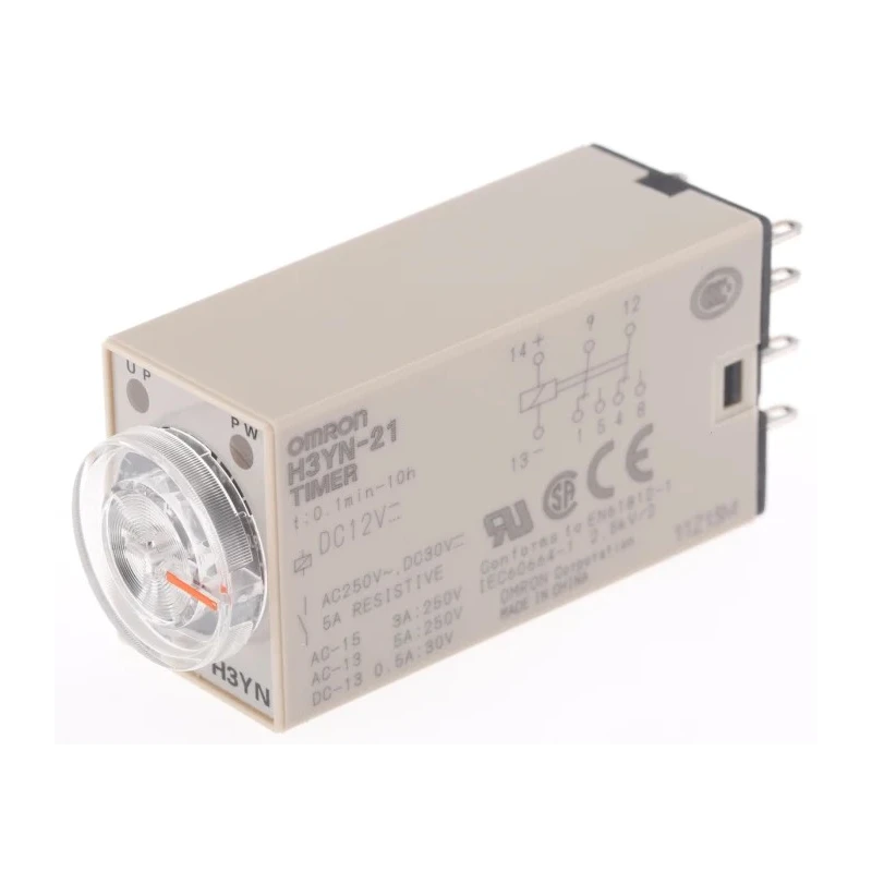 Omron H3YN Series DIN Rail Panel Mount Timer Relay 2-Contact 125 V DC 12 V AC 0.1 min to 10 h Multifunction 
