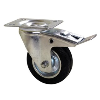 Guitel Hervieu Braked Swivel Castor, 100 kg Load Capacity, 100 mm Rubber Wheel, Pressed Steel Frame, Bright Zinc 12800420