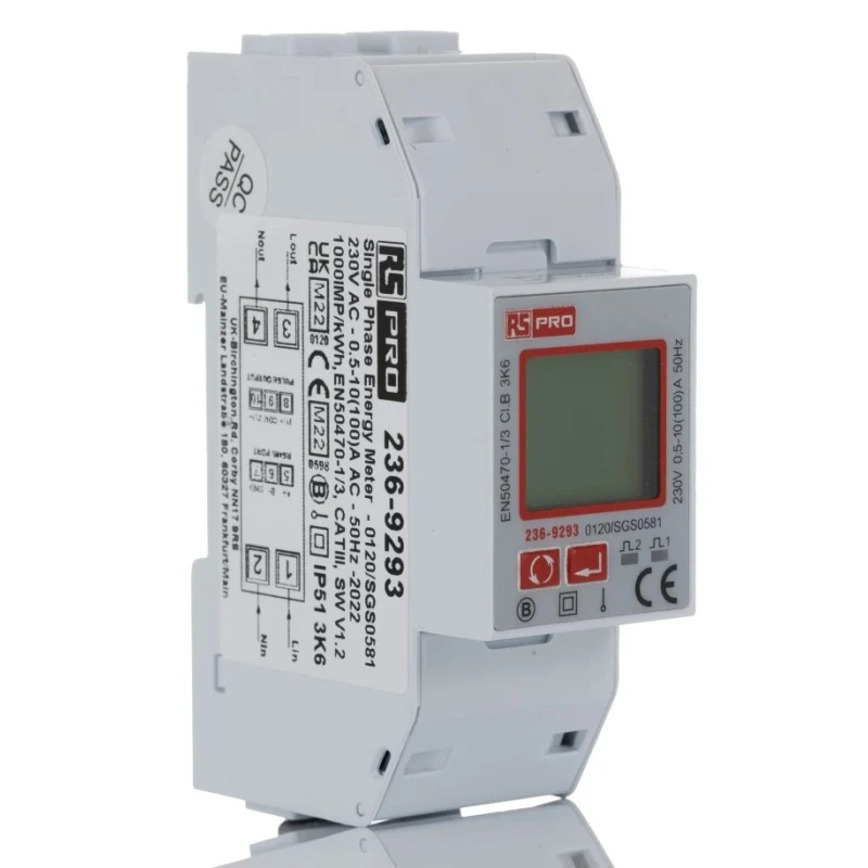 RS PRO 1 Phase LCD Backlight Energy Meter with Pulse Output and RS485 Modbus 236-9293
