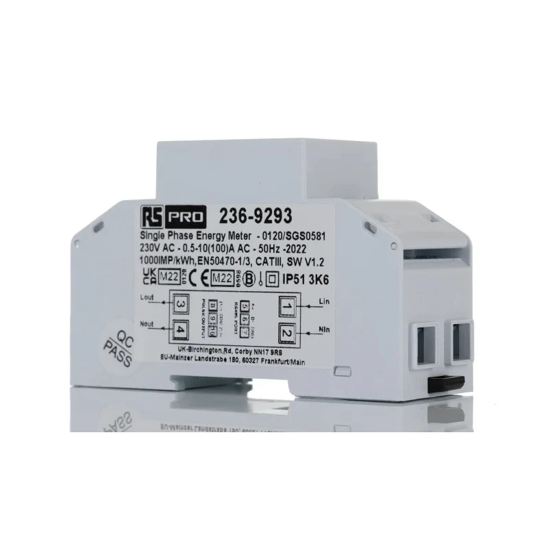 RS PRO 1 Phase LCD Backlight Energy Meter with Pulse Output and RS485 Modbus 236-9293