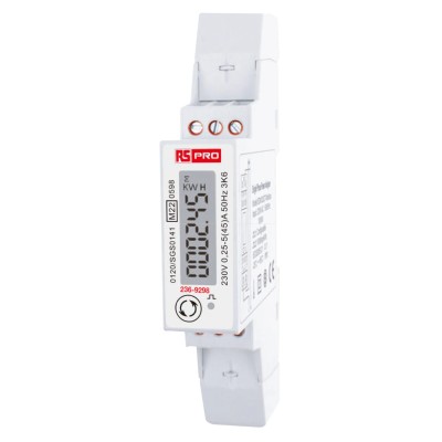 RS PRO 1 Phase Energy Meter with LCD Backlight, Pulse Output, RS485 Modbus, 45A Load Capacity 236-9298